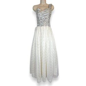 Vintage Gunne Sax Dress Gown Formal White Silver Lace 80s